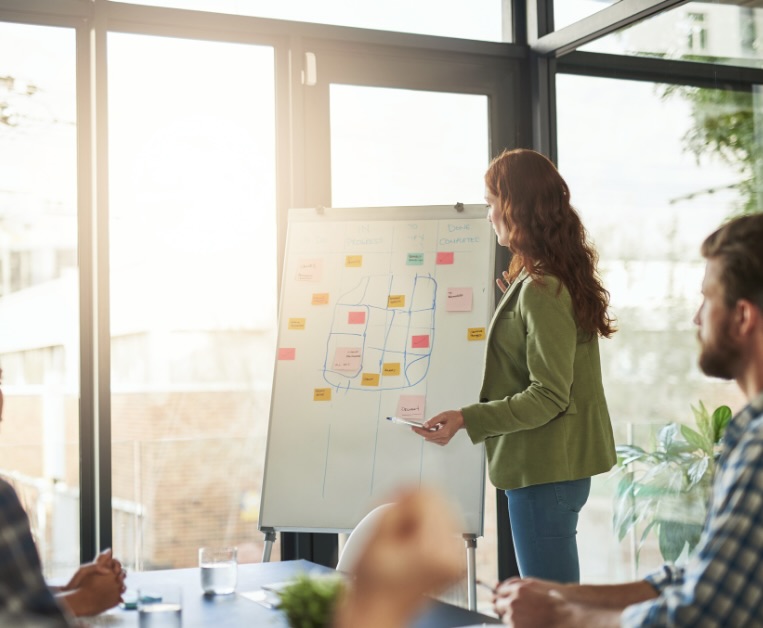 Kobieta prezentująca na tablicy flipchart plan rozwoju pracowników w nowoczesnym biurze